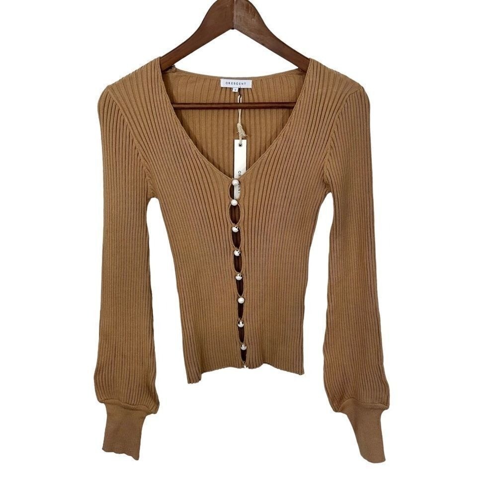 Crescent Neutral Tan Ribbed Knit Balloon Sleeve Blouse, Small